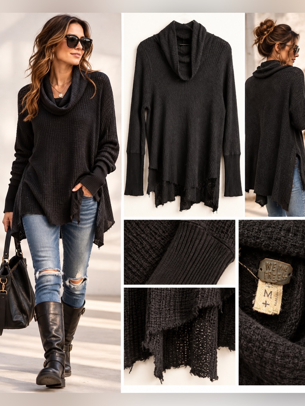 We The Free Thermal Cowl Neck Size M Black Waffle Knit